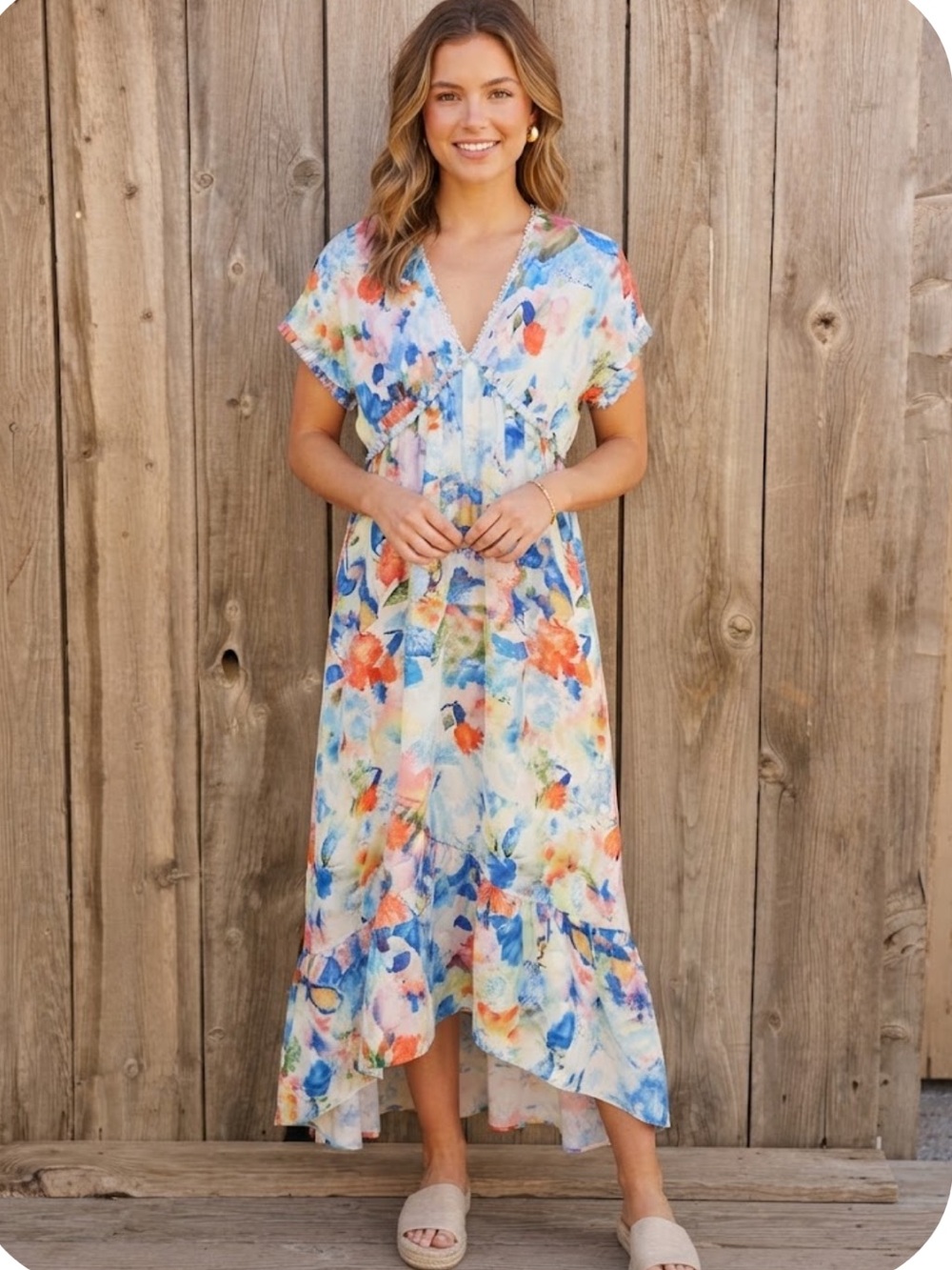 Axara Floral Watercolor V-Neck Maxi Dress - Multicolor size Small